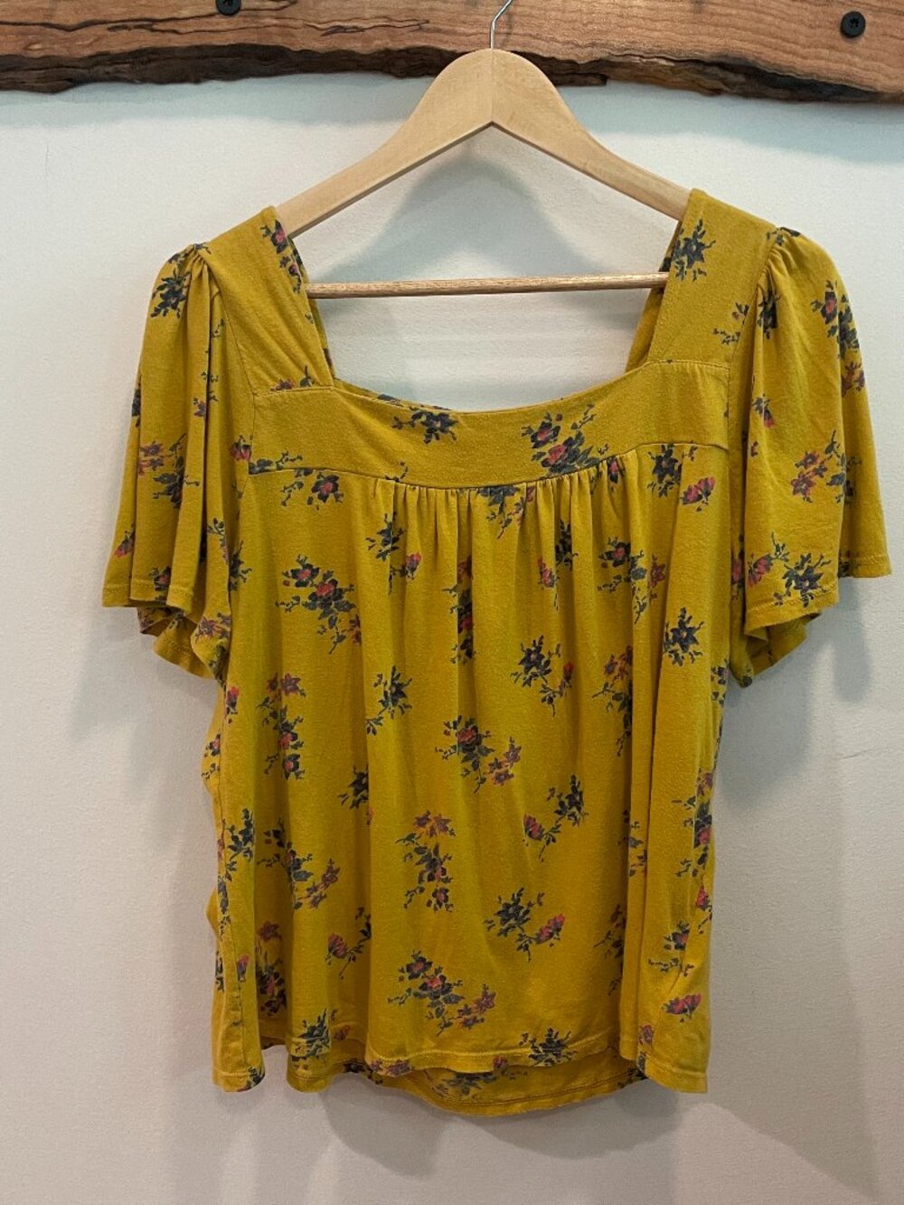 Lucky Brand Mustard Floral Square Neck Top L